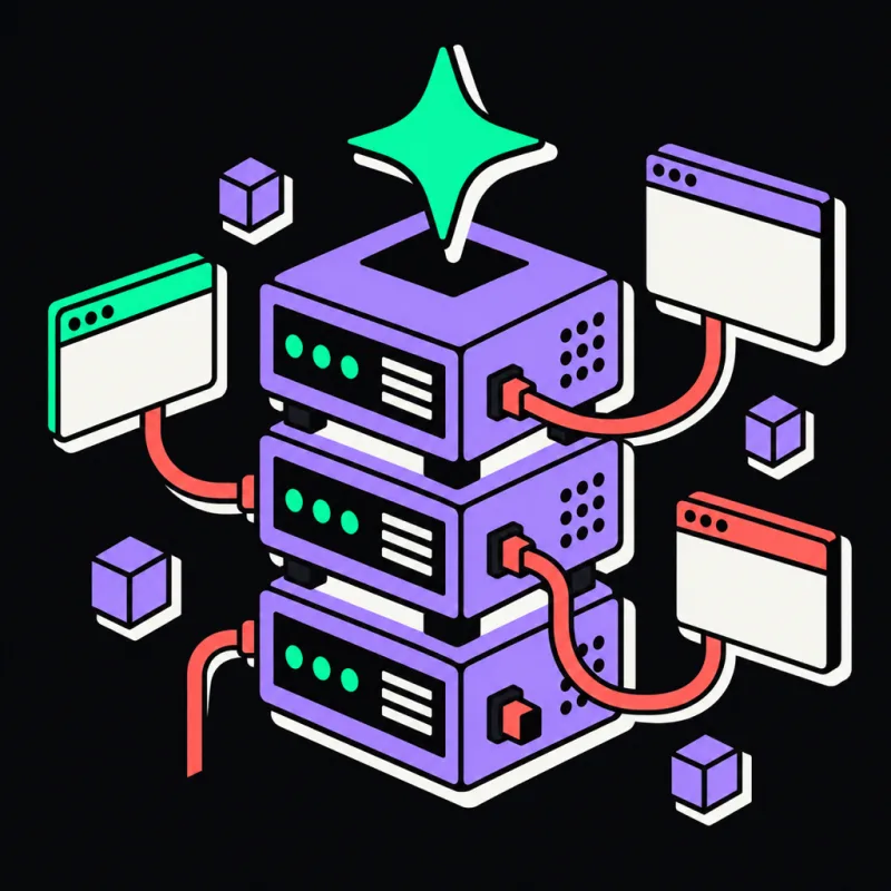 Illustration: stacked servers topped by a star symbolising AI